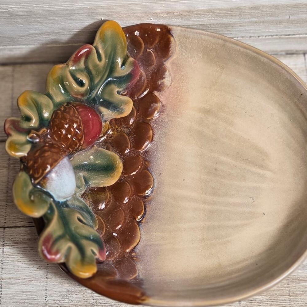 Studio Pottery Bowl Oak Leaf Acorns Hand Sculpted Glazed Art Pottery